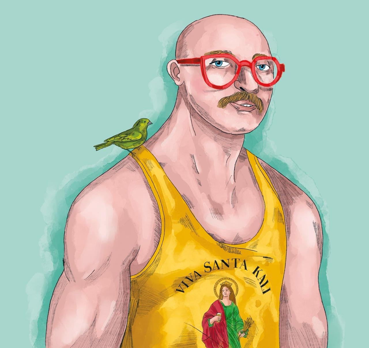 Il-Lajf β a Maltese festa character with a canary on his shoulder, wearing a Viva Santa Kali vest