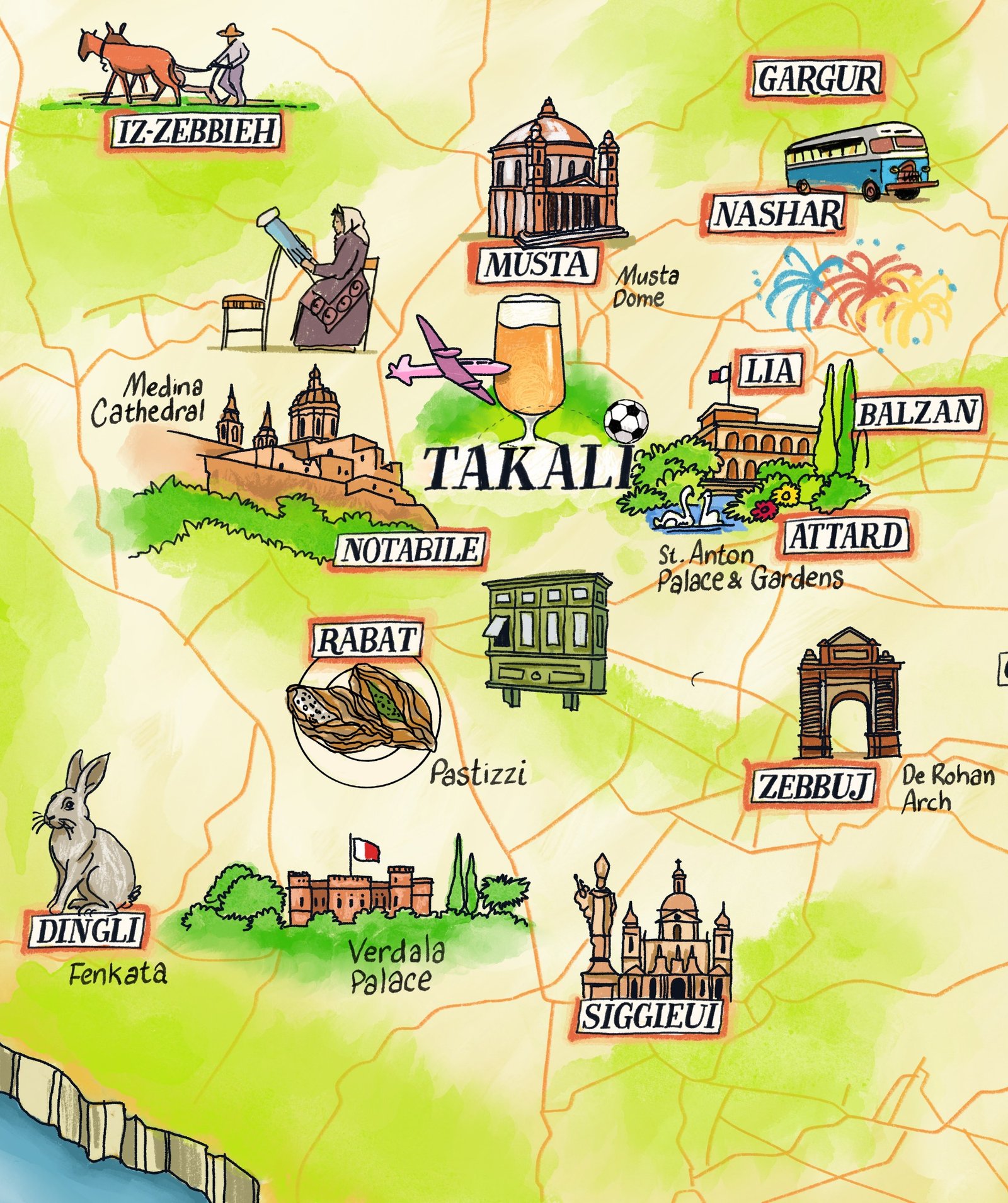 Hand-drawn illustrated map of the Ta' Qali region of Malta with Takali at its centre